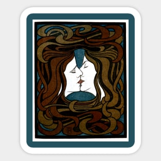 Two faces kissing with entwined art-nouveau style hair Sticker